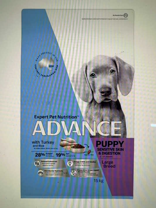 ADVANCE PUPPY SENSITIVE SKIN & DIGESTION 2-12 MTHS LARGE BREED 3KG TURKEY & RICE.